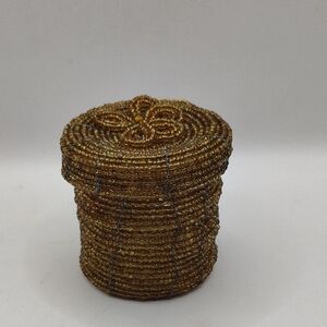 Vintage Brown And Gold Glass Beaded Decorative Box With Flower On Lid